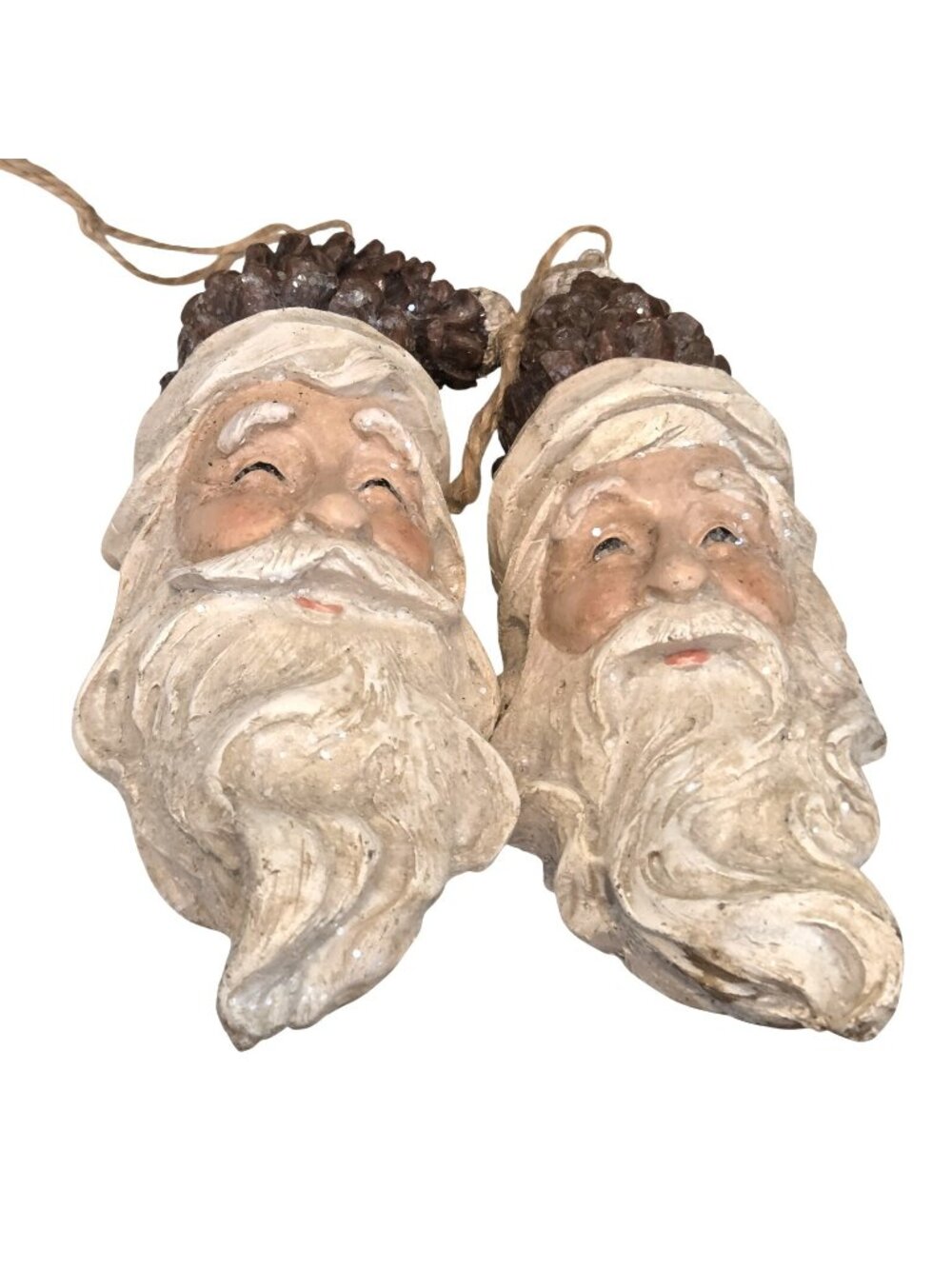 Folk Art Ceramic Santa Claus Face Head Pine Cone Hat Christmas Ornaments